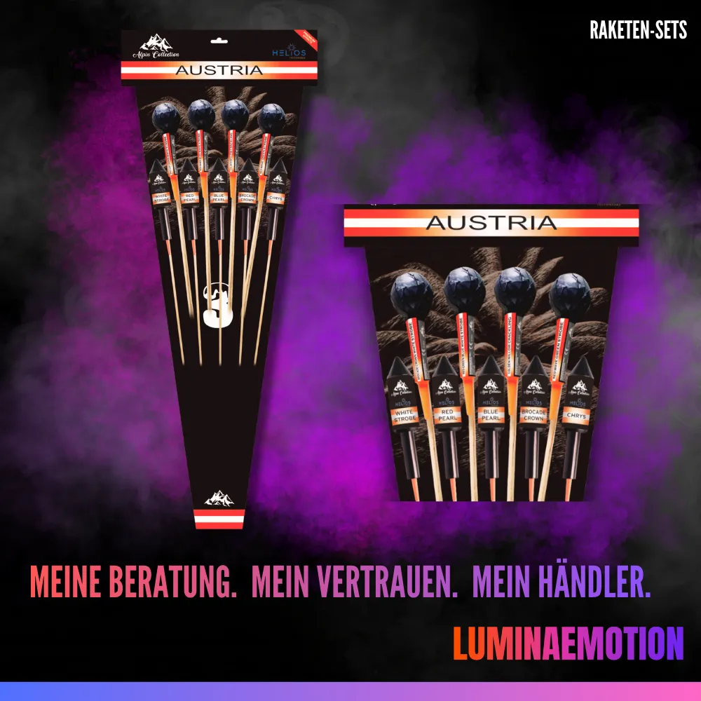 [00914] Raketenset „Austria 3“ mit 4 Kugelraketen 5 Zylinderraketen(50g)